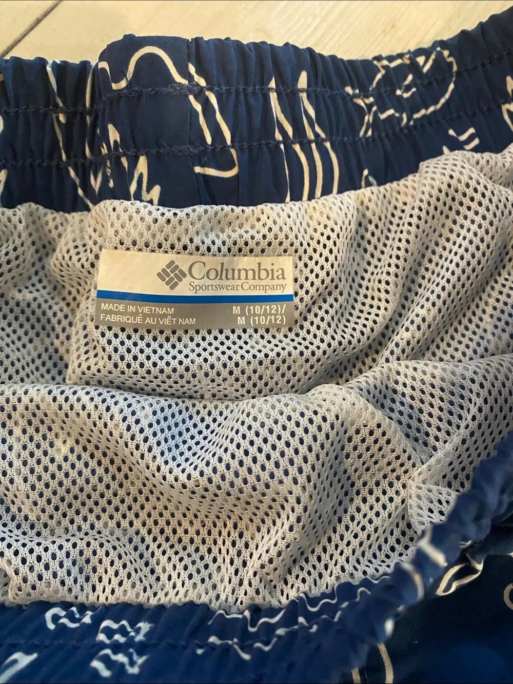 Columbia Boys Navy Blue Swim Trunks with White Nautical Print